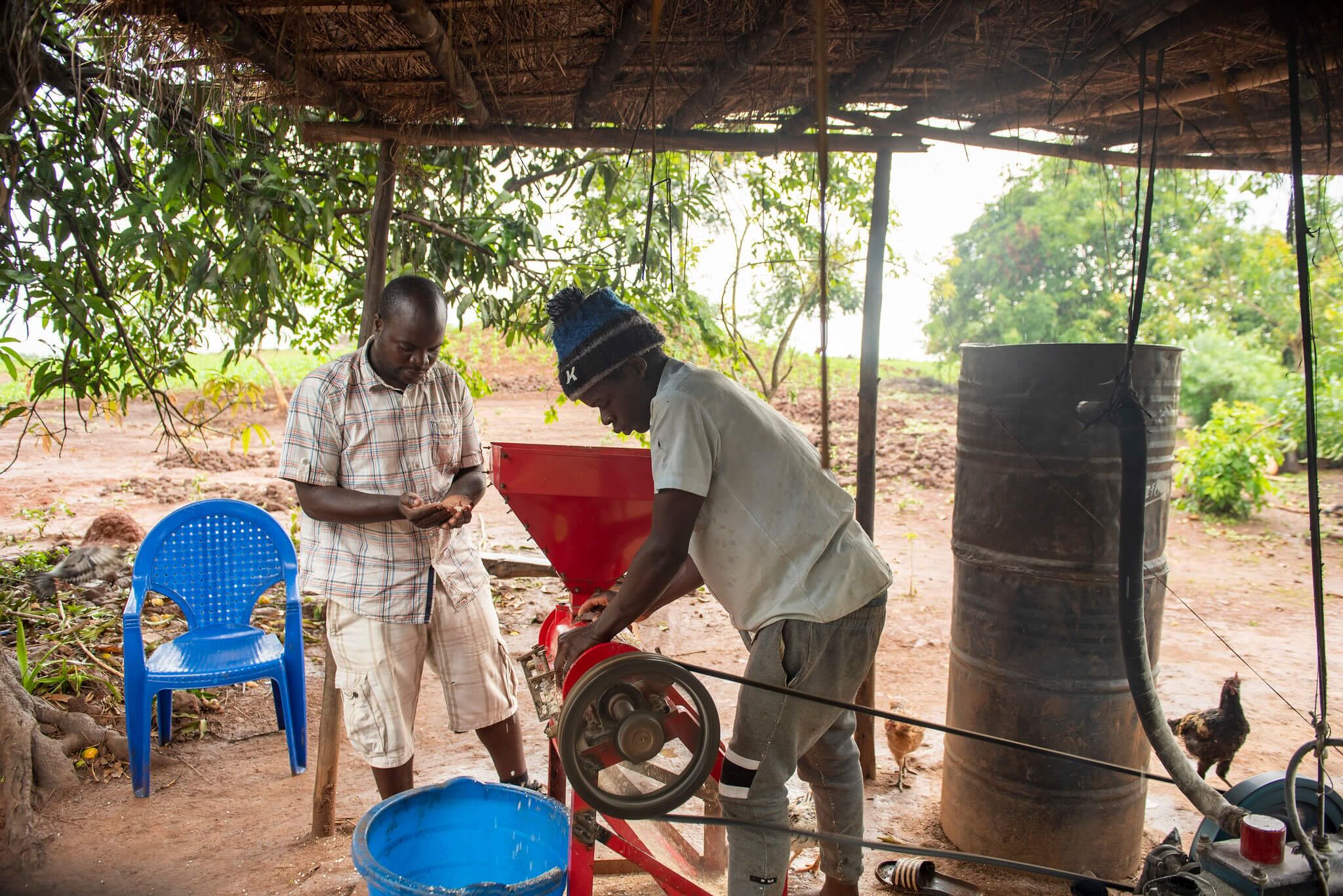 Yohane Wisted and a neighbour use his diesel-powered maize mill